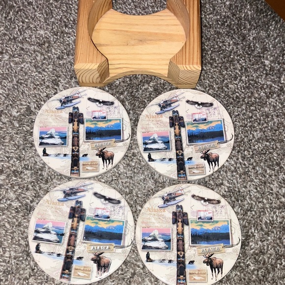 Handmade Other - Alaska Scenic Round Ceramic Coasters Set of 4 With Wood Holder